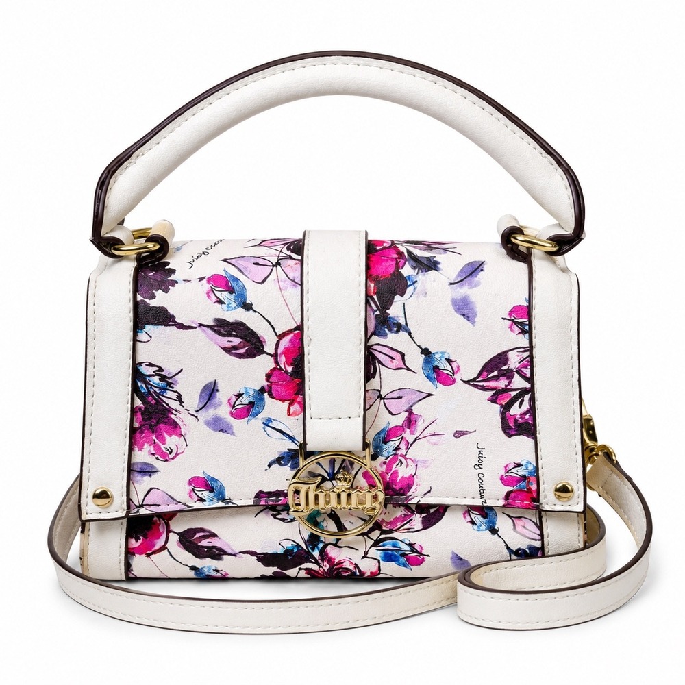 Juicy Couture Floral Satchel Crossbody Bag White Pink Gold Logo Top Handle Mini